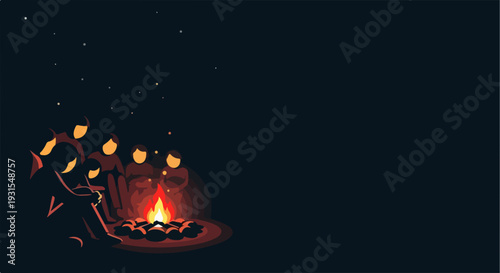Stylized people sitting around warm campfire gathering under starry night. Group enjoys cozy outdoor campfire gathering, friends bonding during evening. Concept campfire gathering for adventure blogs,