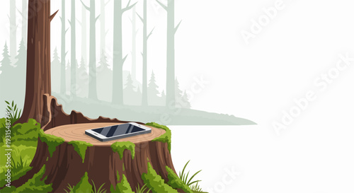 Smartphone on tree stump within calm forest, illustrating digital detox. Serene woodland backdrop with device suggests disconnecting from screen, a powerful digital detox message.