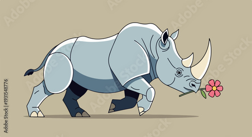 Rhinoceros flower held gently in mouth, showing unusual animal gesture with tender care. Stylized rhinoceros flower illustration presents strong mammal with delicate blossom.