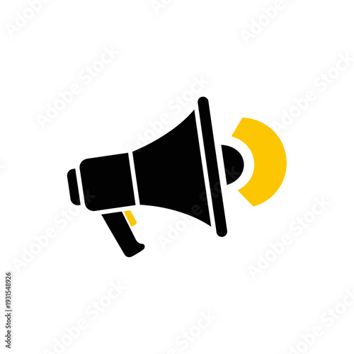Black megaphone with yellow accent, symbol of announcement, promotion, and communication