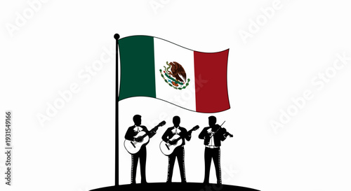 Vibrant Mexican celebration imagery features national flag waving, mariachi musicians in silhouette. Festive Mexican celebration scene shows three performers with guitar, violin,