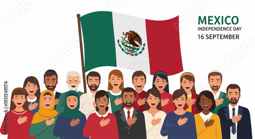 Diverse people celebrating Mexico Independence Day, standing united with hands over hearts under national flag. Many citizens gather for Mexico Independence Day, showing unity, pride.