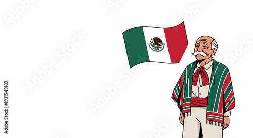 Illustration of an old man with a mustache in traditional attire, representing Mexican culture. Man wears a vibrant poncho and sash, standing beside a waving Mexican flag,