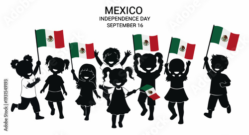 Silhouettes of children celebrating Mexico Independence Day, proudly waving Mexican flags in vibrant display. Mexico Independence Day imagery showcases joyful kids with national symbols,