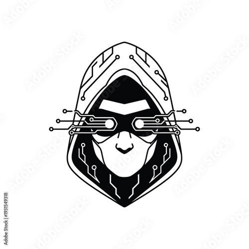 A mysterious hooded figure with intricate circuit board patterns around their eyes embodies the essence of digital anonymity and advanced technological surveillance.