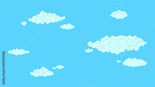 Pixel cloud set. Drifting clouds across blue sky. 8-bit sky, retro style cloudy scene. 16 bit video game elements vector collection.