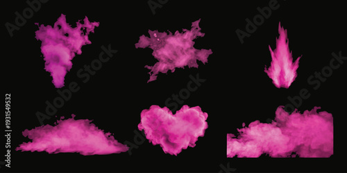 Set of abstract pink smoke clouds and heart shapes on black background vector illustration for creative design projects