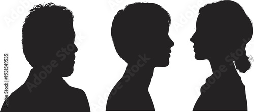 Side profile silhouettes of diverse young people, human head portraits set, male and female face collection