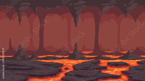Pixel art lava cave landscape with stalactites, rocky terrain and flowing magma. Seamless horizontal fantasy environment background for games, animation, digital design and side scrolling scenes.