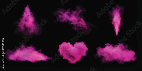 Set of abstract pink smoke clouds and powder explosions in various shapes including heart and triangle vector illustration