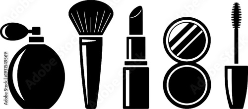 Cosmetic Silhouettes Featuring Atomizer Perfume, Brush, Lipstick, Eyeliner Wand, and Mascara