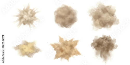 Realistic dust cloud and sand explosion vector illustration set isolated on white background for game and motion design