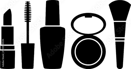 Black Icons of Lipstick, Mascara Wand, Polish Bottle, Powder, and Brush
