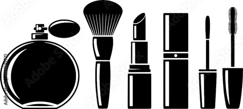 Premium Beauty Set: Round Perfume Bottle, Makeup Brush, Lipstick, Eyeliner, and Mascara