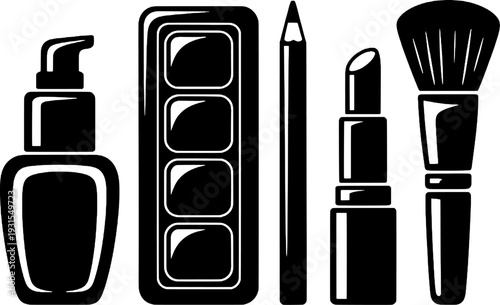 Face and Eye Makeup Set: Pump Foundation, Eyeshadow Palette, Eye Pencil, Lipstick, and Brush