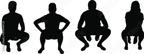 Silhouette of people squatting on the ground, diverse men and women figures set, active human poses, crouching collection