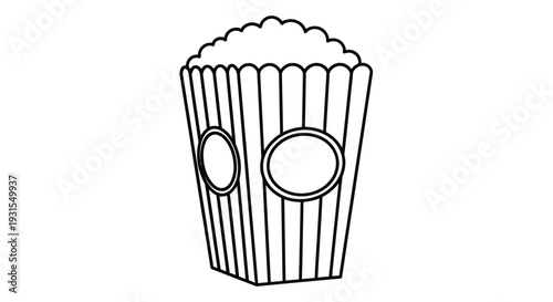 Simple line drawing of a striped popcorn container overflowing with kernels