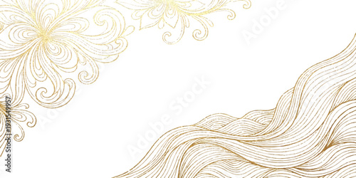 Elegant gold floral and wave pattern background with luxury filigree ornaments and decorative line art vector illustration