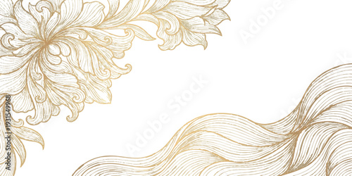 Elegant golden hand drawn floral and wave background with ornate vintage engraving style for luxury wedding invitation vector illustration