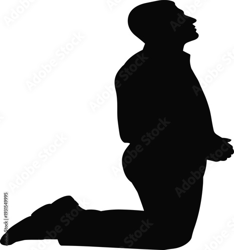 Silhouette of man kneeling in prayer, religious spiritual person, humble male figure praying to God, faith concept