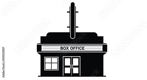 Black silhouette of a classic movie theater building with a box office sign