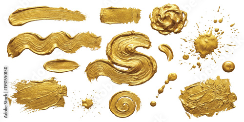 Luxury set of gold metallic brush strokes and paint splatters with thick texture on white background vector illustration