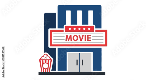 Flat design illustration of a blue movie theater with popcorn and a marquee