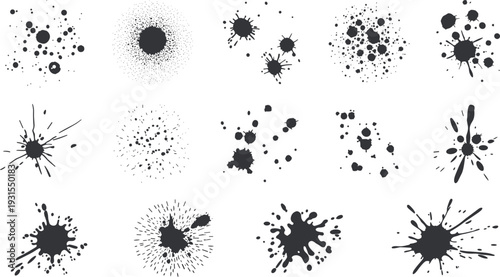 Black ink splatters collection set, abstract paint blots, creative grunge spots, artistic liquid droplets, monochrome design elements