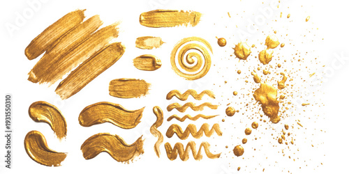 Set of golden metallic paint brush strokes and splatters with swirls and waves for luxury design vector illustration