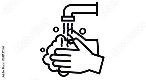 Line art illustration of hands being washed under a faucet with water droplets
