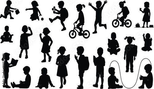 Children silhouettes collection set, kids playing and jumping, school students with backpacks, childhood diverse activity group