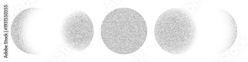 Collection of stipple halftone circle gradients with grainy dot texture. Monochrome spray and noise effect elements for poster, print and modern graphic design.