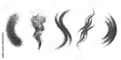 Collection of abstract black grainy stipple textures and wave shapes isolated on white background vector illustration for creative design