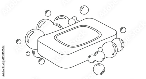 Line drawing of a bar of soap surrounded by bubbles a clean hygiene illustration