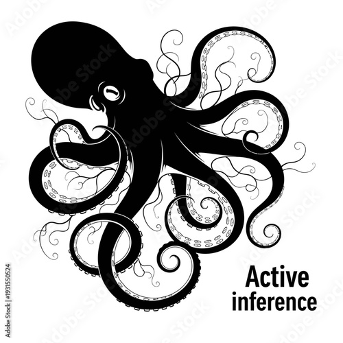 Black Octopus Silhouette with Swirling Tentacles and "Active Inference" Text