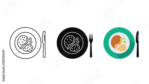 A plate with food and utensils in different styles Vector