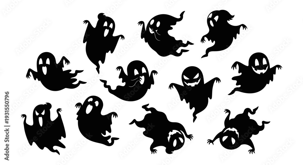 Naklejka premium a fun collection of spooky halloween ghost silhouettes floating on a white background perfect for festive seasonal designs.