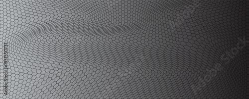 Dark grey abstract wide horizontal banner with hexagon carbon fiber grid and orange luminous lines. Technology vector background with orange neon lines