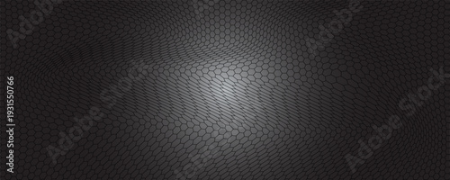 Dark grey abstract wide horizontal banner with hexagon carbon fiber grid and orange luminous lines. Technology vector background with orange neon lines