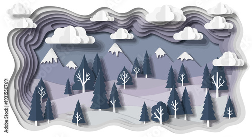 Winter Wonderland Paper Cut Landscape Illustration with Mountains, Pine Trees, and Clouds