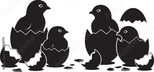 Black Silhouette of Chicks Hatching from Eggs Illustration Graphic