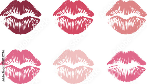 Pink and purple lipstick kiss marks collection set, romantic female mouth prints, beauty makeup cosmetic stains