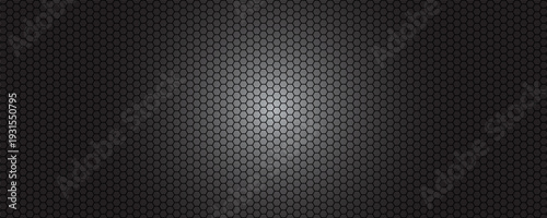 Dark grey abstract wide horizontal banner with hexagon carbon fiber grid and orange luminous lines. Technology vector background with orange neon lines
