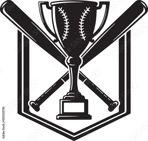 Baseball Trophy with Crossed Bats in Shield Emblem Logo Design