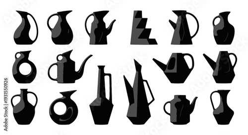 various black ceramic pitchers and pouring vessels arranged on a white background creating a modern minimalist design