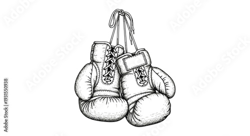vintage boxing gloves sketch illustration hand-drawn design of combat sports equipment hanging on a white background