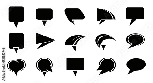 a diverse collection of black speech bubble and chat icons ideal for illustrating digital communication and location in modern ui ux design.