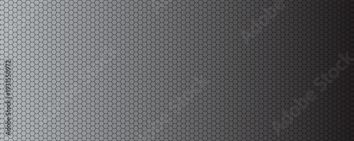 Dark grey abstract wide horizontal banner with hexagon carbon fiber grid and orange luminous lines. Technology vector background with orange neon lines