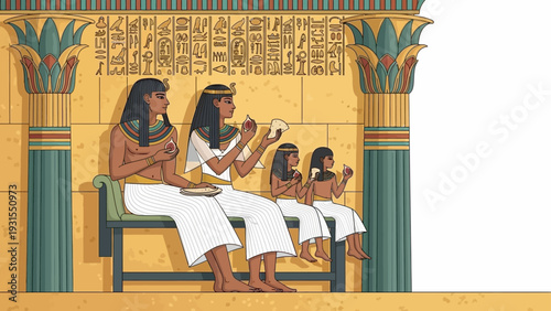 an ancient egyptian family enjoys figs and flatbread on a bench inside a decorated temple interior with hieroglyphs illustrating historical daily life and ancient culture.