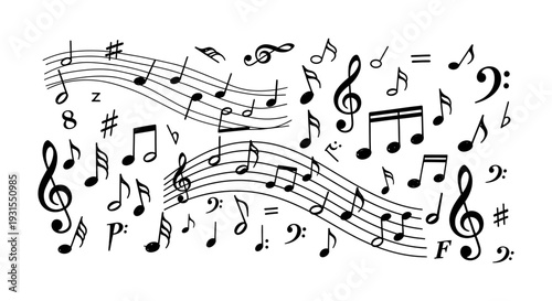 musical notes and symbols forming an abstract and creative composition on a white background perfect for music-related graphic designs